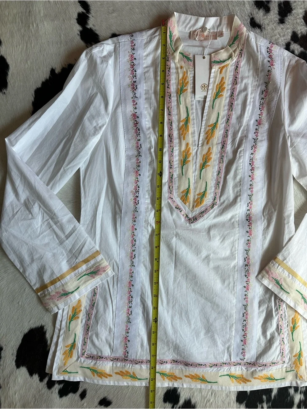 Tory Burch White Embroidered Tunic with Yellow, Pink & Green Details